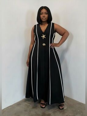 Elegant Black Maxi Dress with White Piping